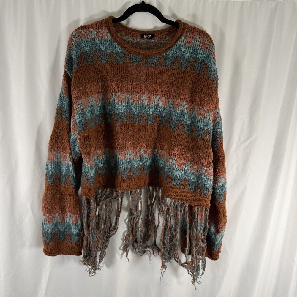 Miss Me Sweater Women's Large Brown Blue Knit Tassels Pullover Wool Mohair